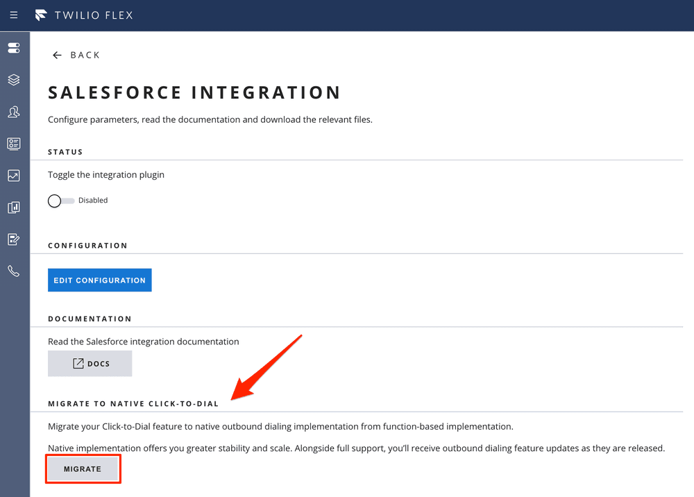 Salesforce integration page with options to edit configuration and migrate click-to-dial.