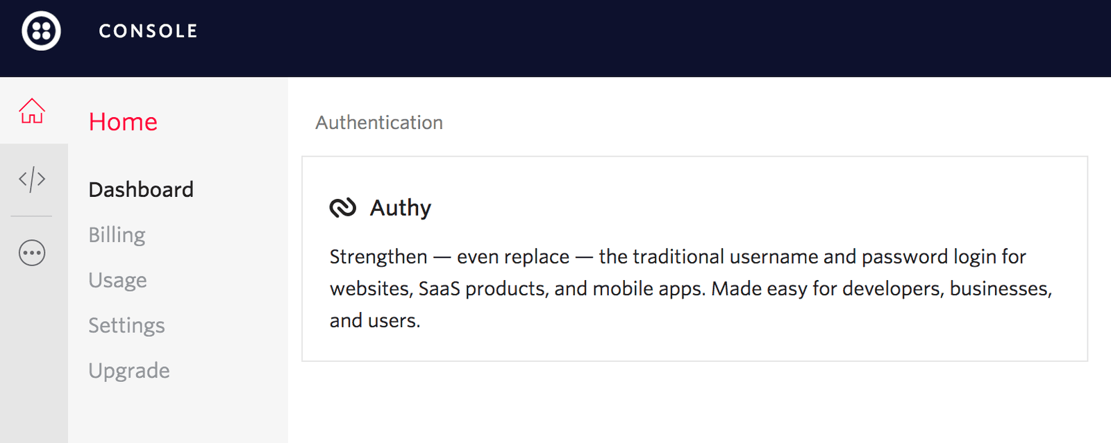 Authy app description in Twilio console sidebar.
