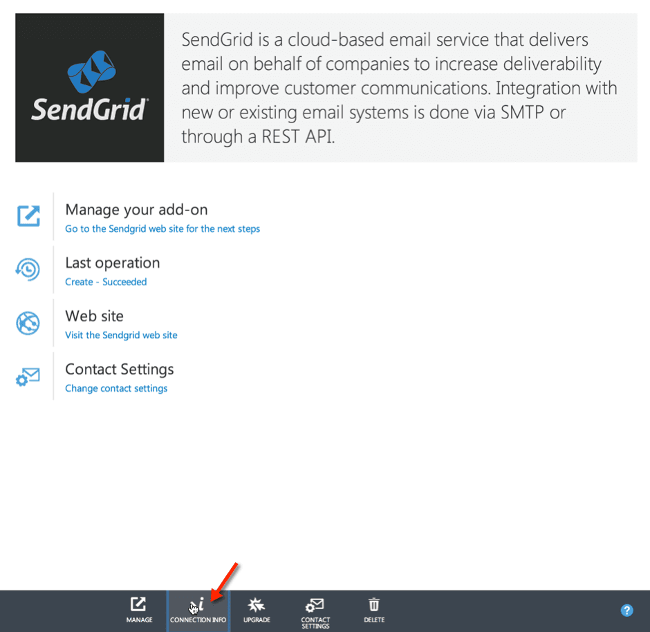 SendGrid email service overview with options to manage add-on, view last operation, visit website, and change contact settings.