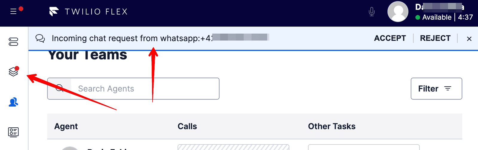 Incoming chat request from WhatsApp with accept and reject options.