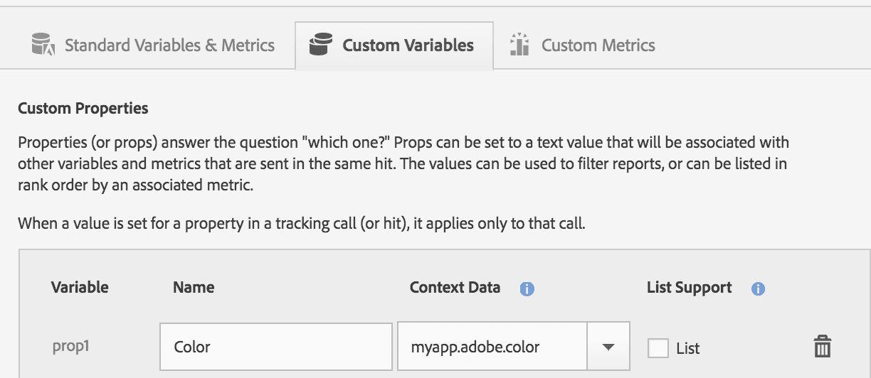 The Custom Variables tab in Adobe's Mobile Services Dashboard showing prop1 variable named 'Color' with context data 'myapp.adobe.color'.