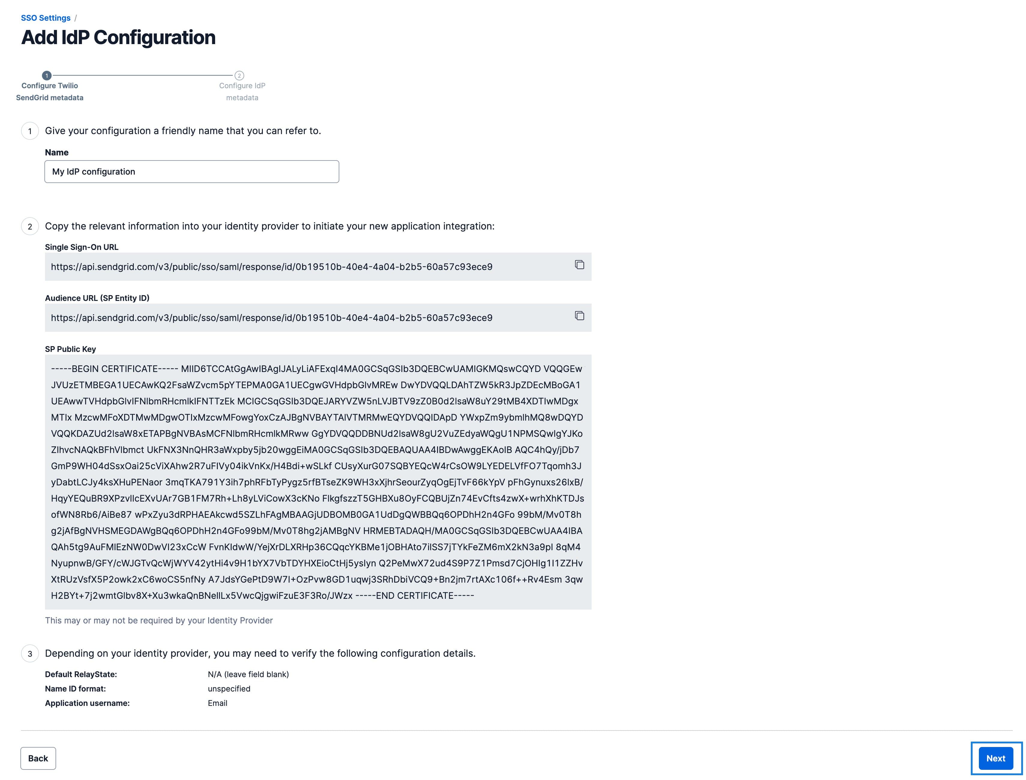 Twilio SendGrid SSO page showing SAML Issuer ID and Embed Link fields.