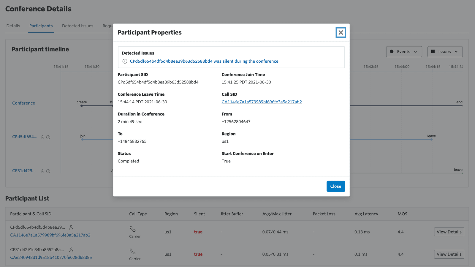 Participant Properties modal showing conference join and leave times, duration, and status as completed.