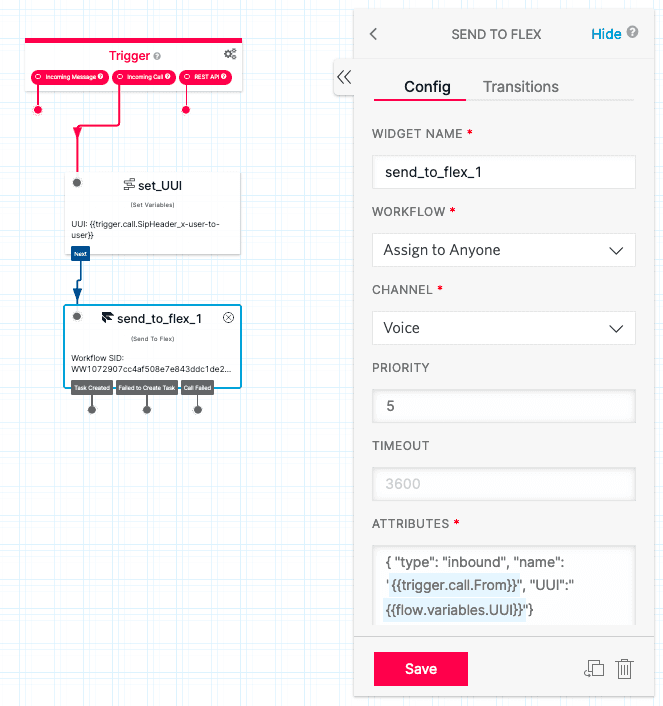 Flowchart showing call routing with set_UUI and send_to_flex_1 configuration details.