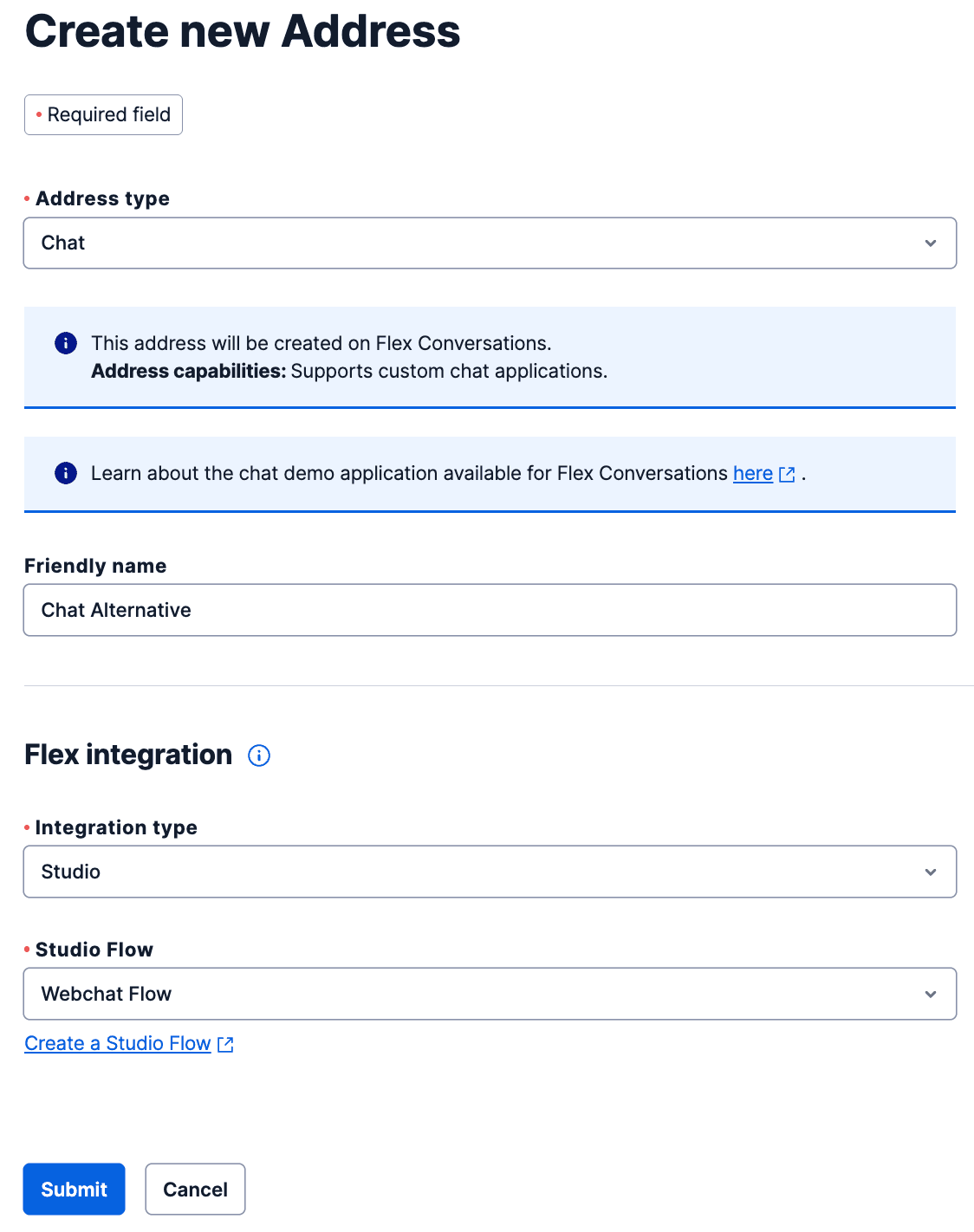 Form to create a new chat address with fields for address type, friendly name, integration type, and studio flow.