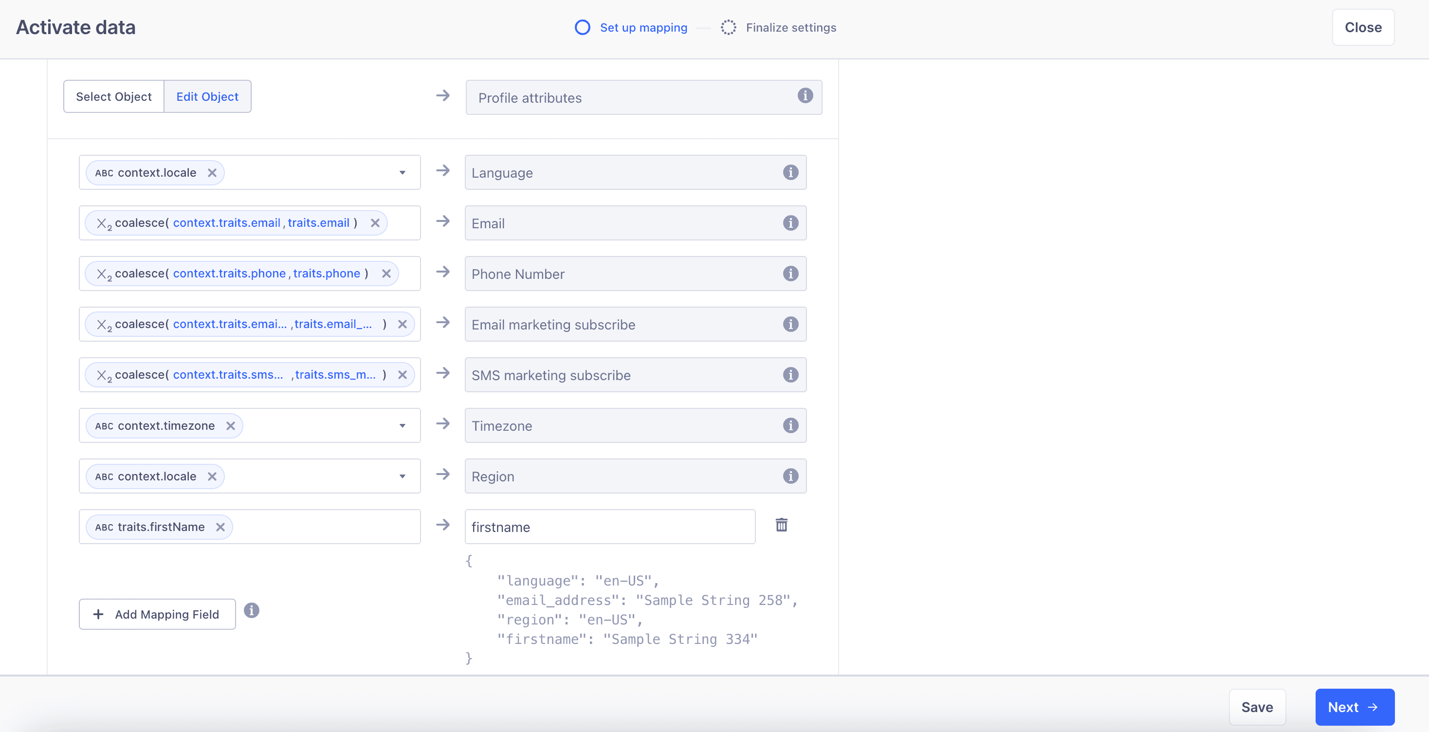 Segment UI mapping dialog for marketing consent key-value pair.