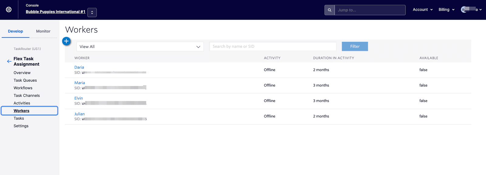 Workers list showing names, activity status, and availability.
