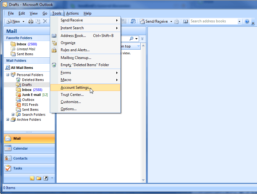 Outlook 2007 Tools menu with Account Settings highlighted.