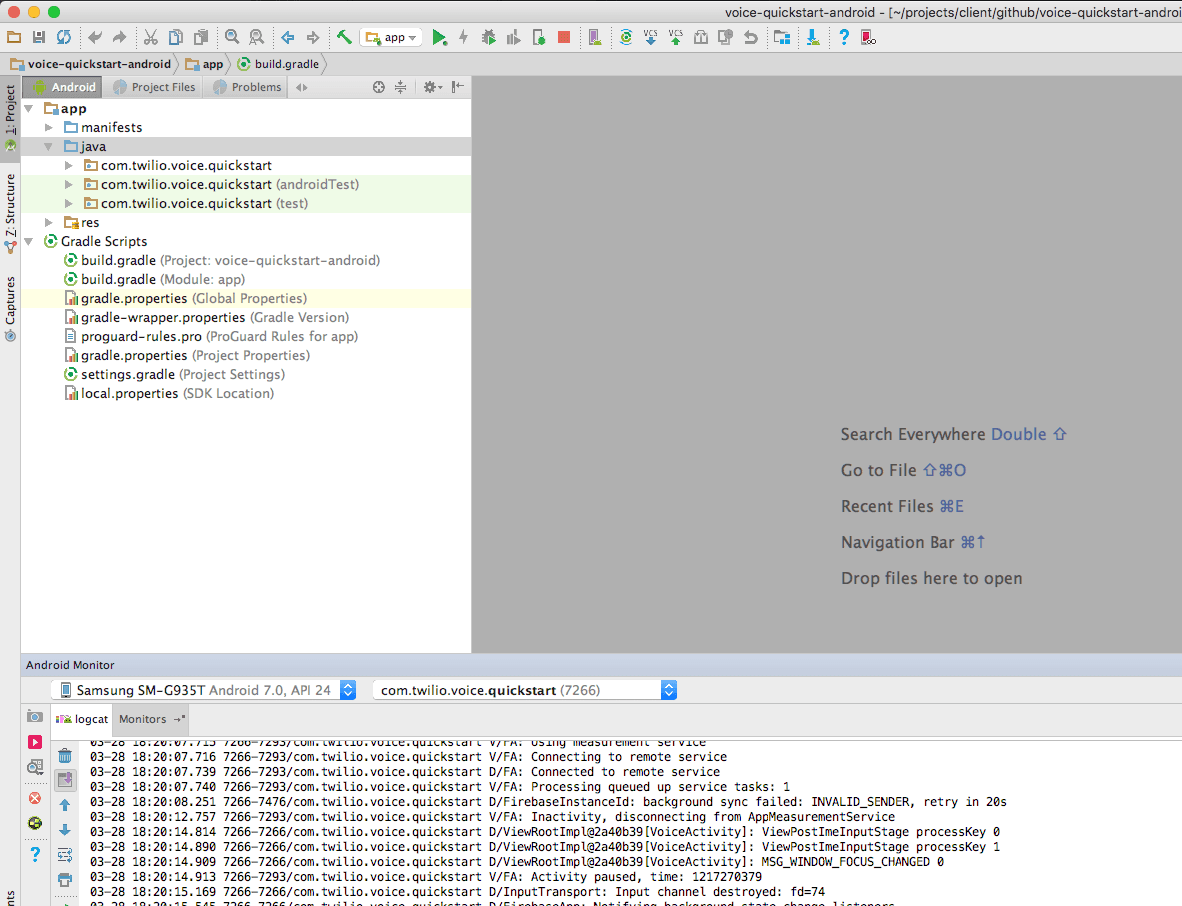 Android Studio interface displaying a project structure and logcat output related to Twilio Voice Quickstart.