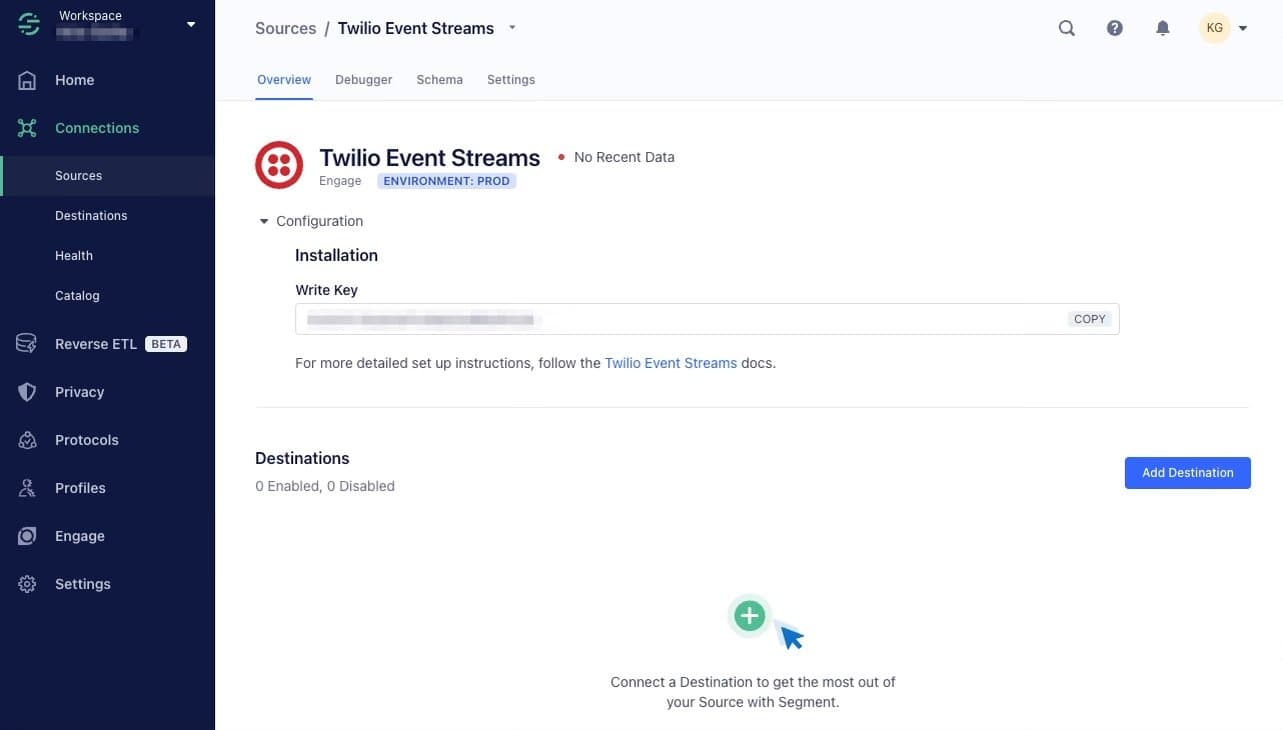 Twilio Event Streams configuration page with installation write key and add destination button.