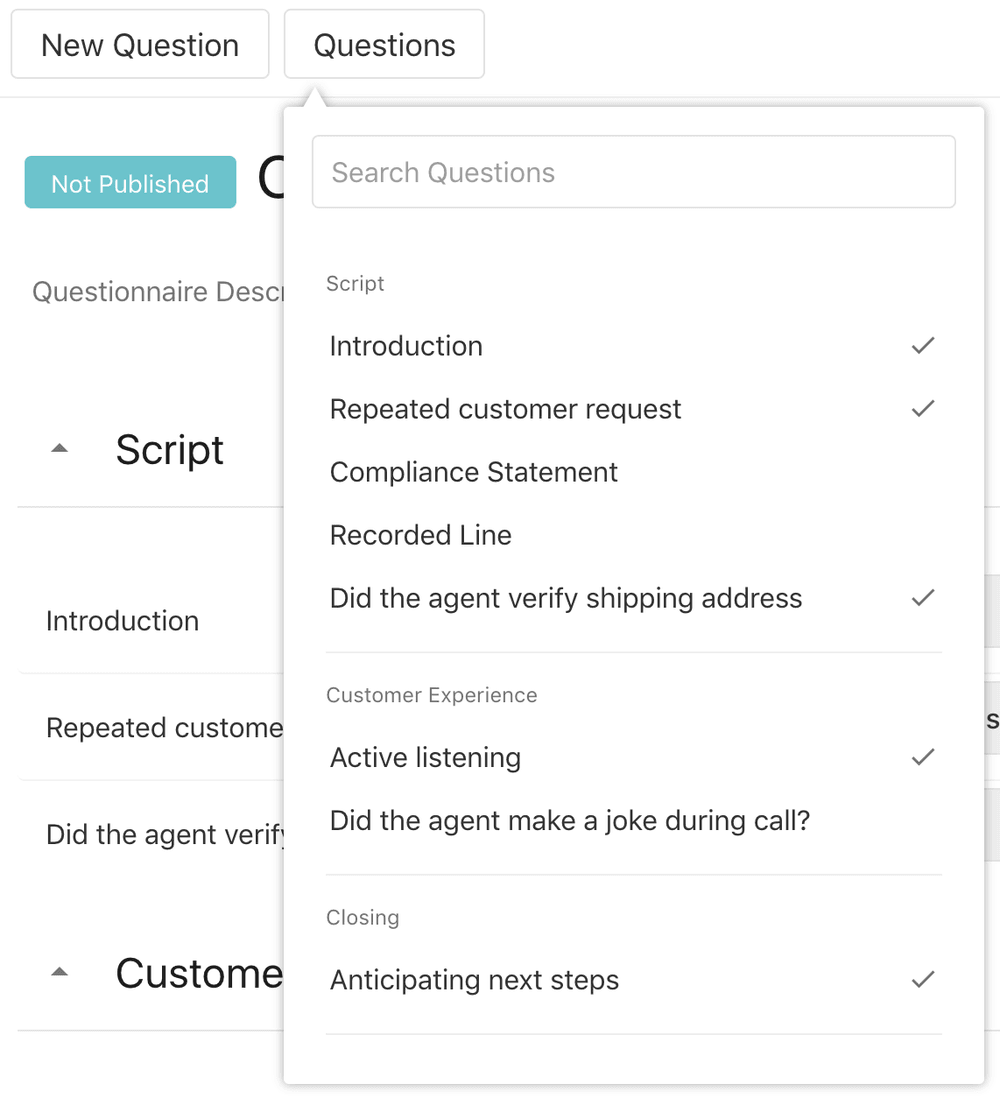 Questionnaire menu with sections for script, customer experience, and closing.