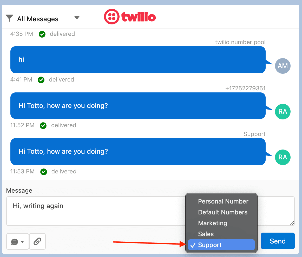Twilio chat interface with message dropdown for number selection.
