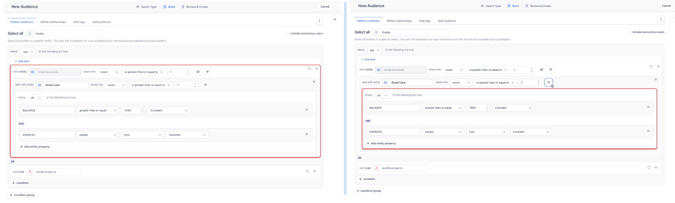 Entity condition groups (left) and entity property condition groups (right)