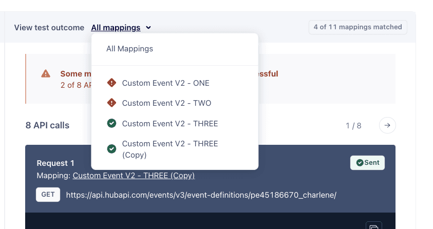 Event Tester filter showing mappings for Custom Event V2 with status indicators.