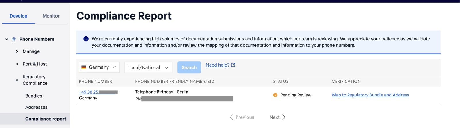 Compliance report for Germany shows phone number under pending review status.