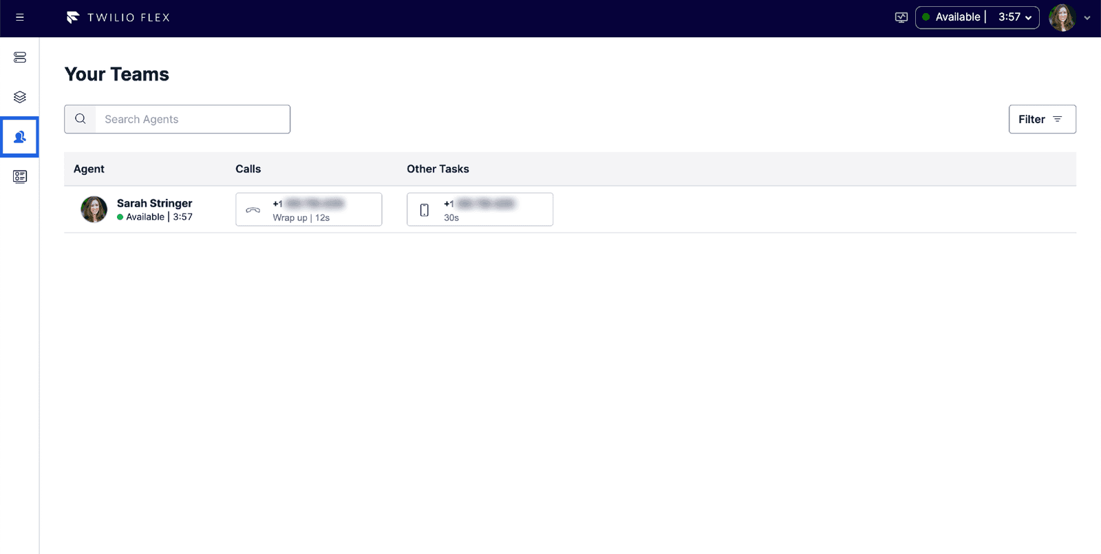 Teams view showing agent Sarah Stringer available with active call and SMS tasks.