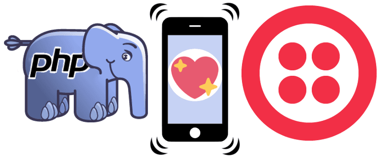 PHP elephant, mobile phone with heart, and Twilio logo.