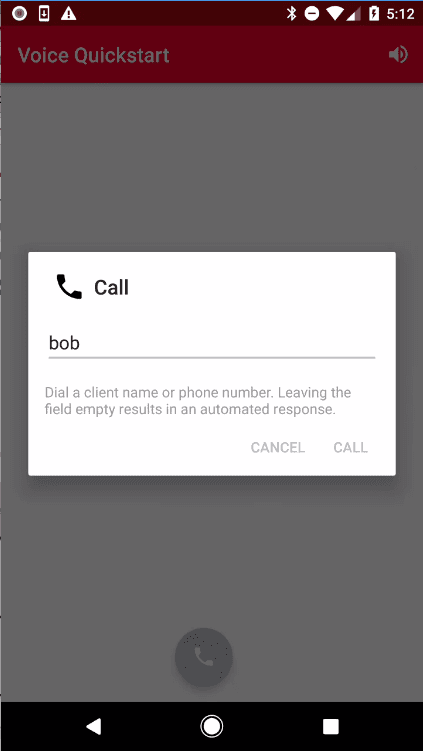 Call interface with the name 'bob' entered, offering options to cancel or call.