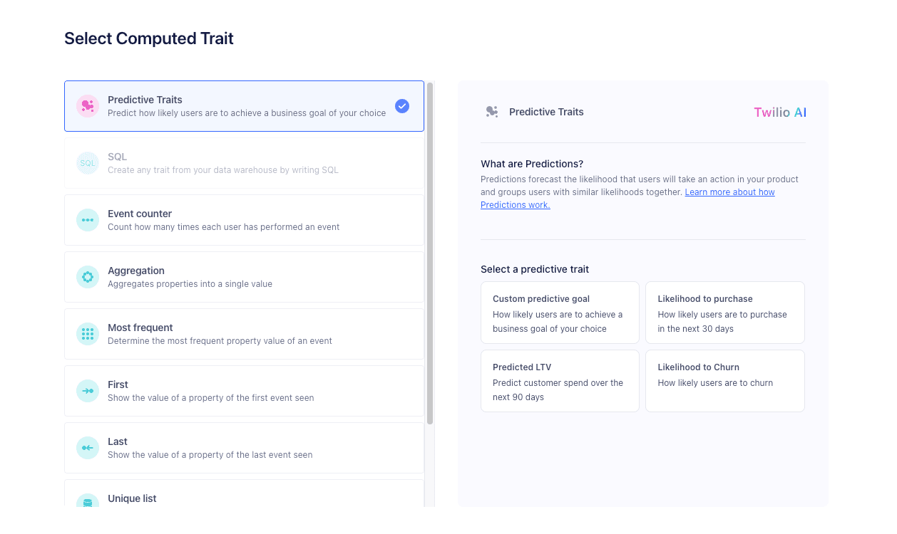 The Predictive Trait builder in the Segment UI.
