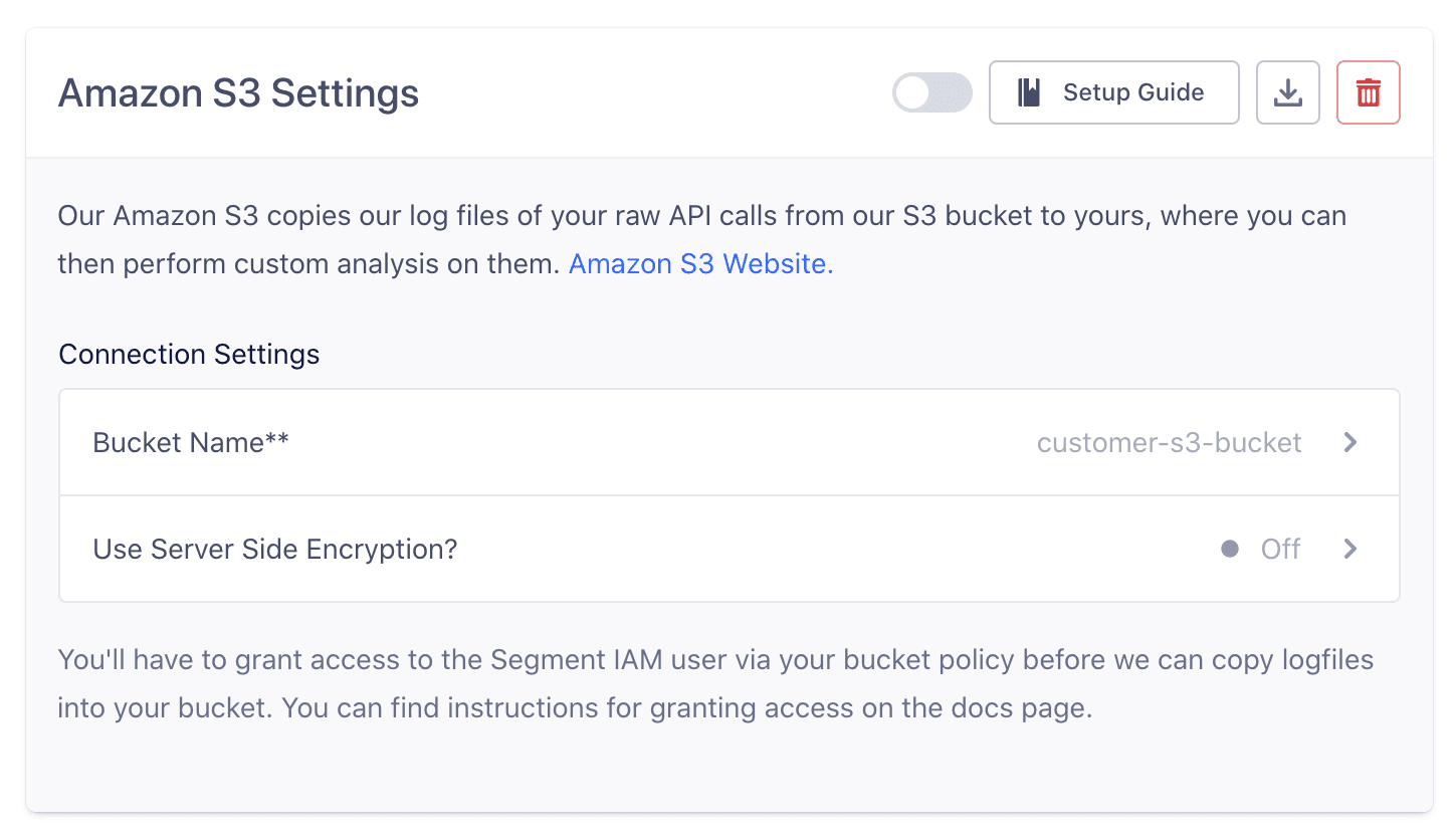 Amazon S3 settings with server side encryption option set to off.