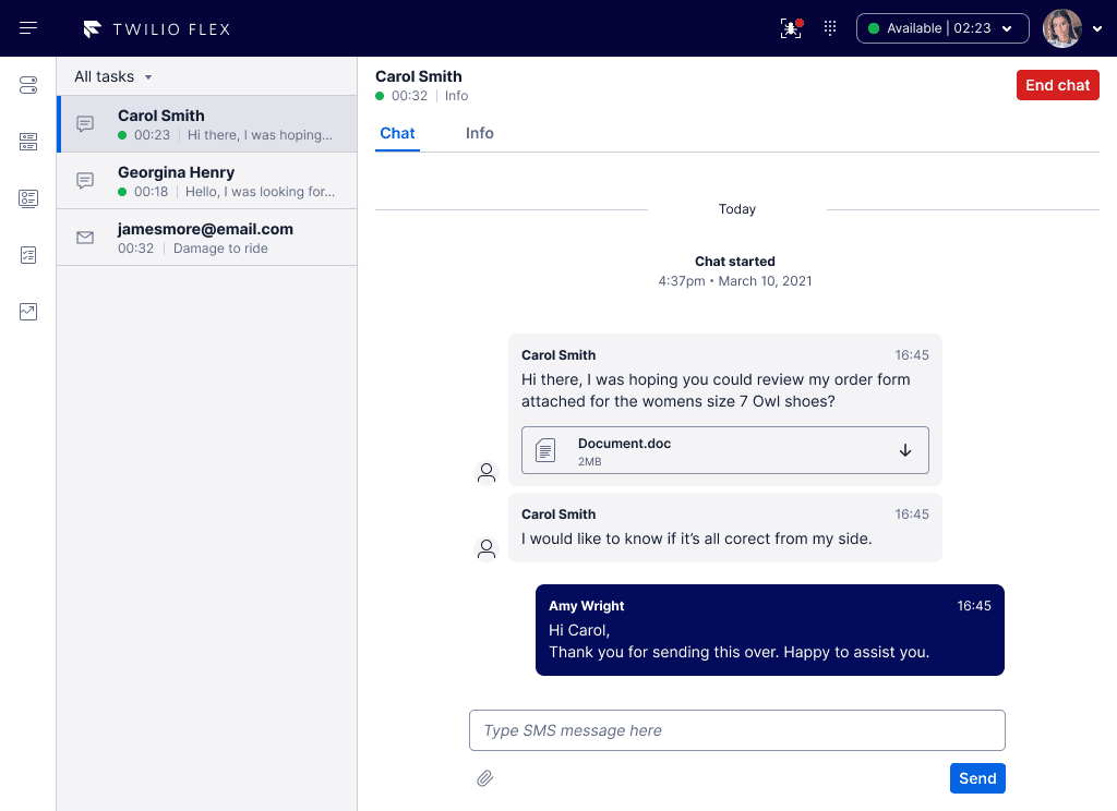Twilio Flex interface showing a chat with Carol Smith discussing an order form for shoes.