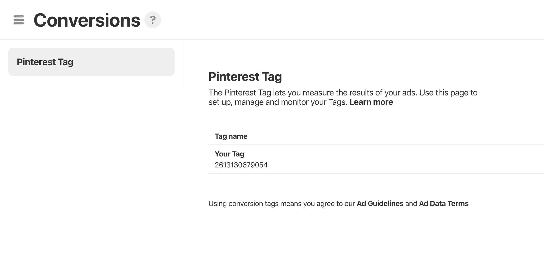 Pinterest Tag Settings page with options for Tag ID, Custom Properties, and Enhanced Match.