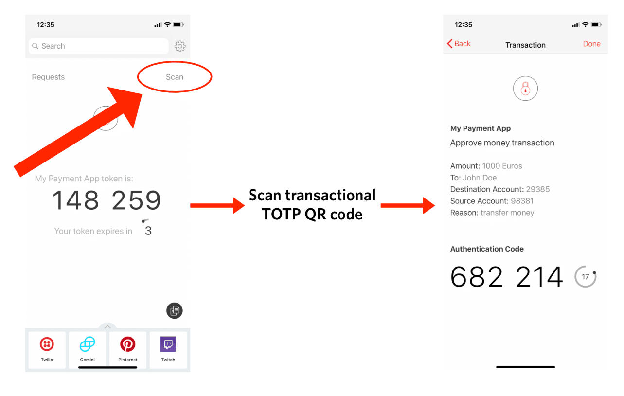 Instructions to scan TOTP QR code for approving a 1000 Euro transaction to John Doe.