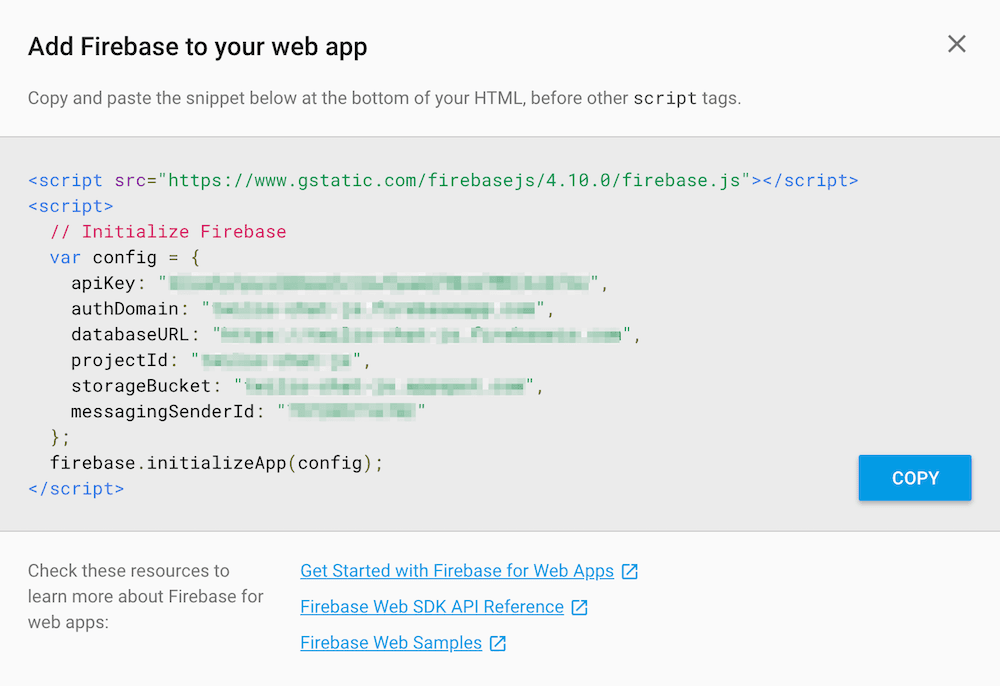Code snippet for initializing Firebase in a web app with a copy button.