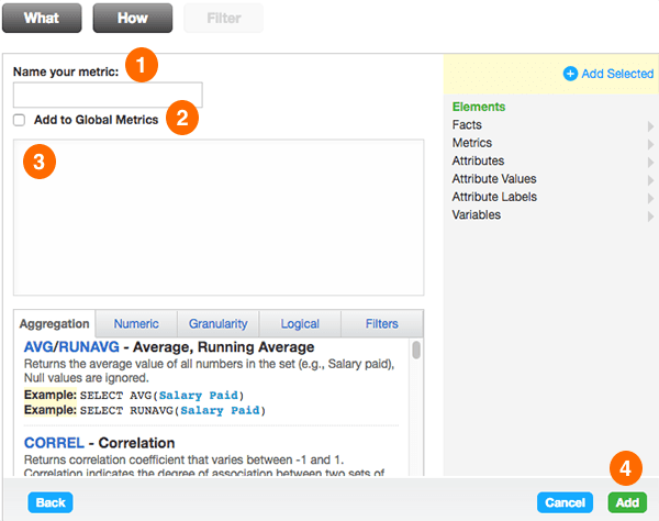 Interface for naming and adding custom metrics with options for aggregation and elements.