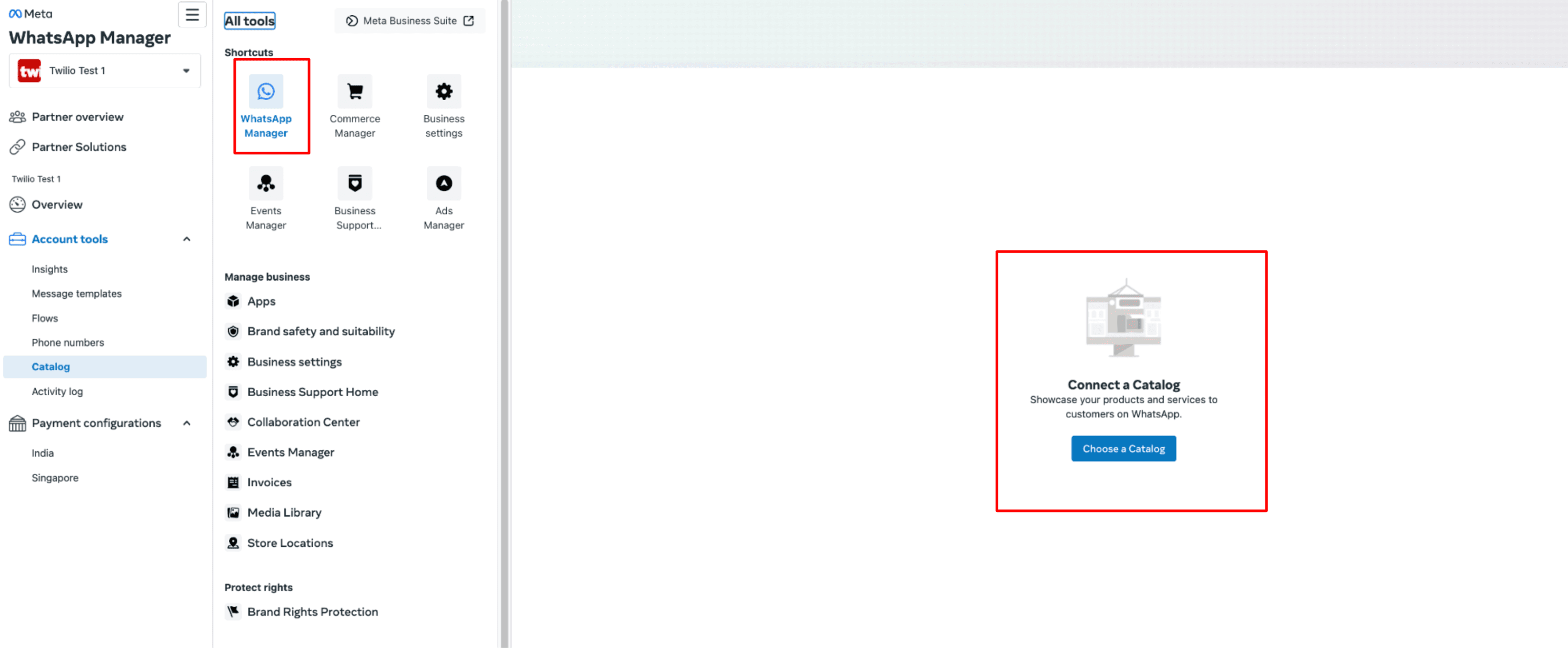 WhatsApp Manager interface with option to connect a catalog.