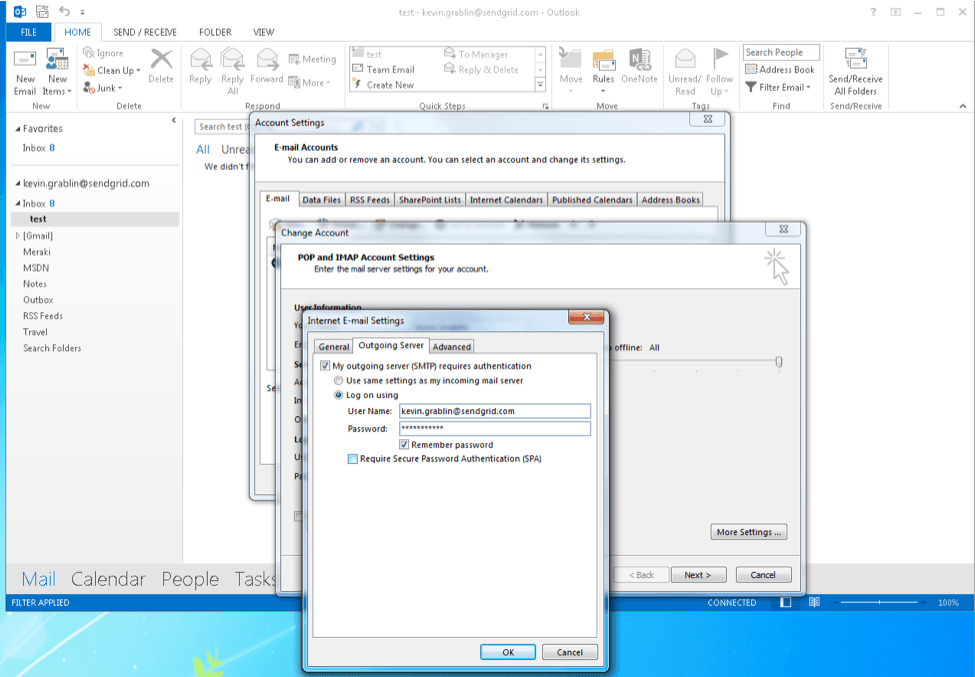Outlook 2013 email settings showing SMTP authentication options.