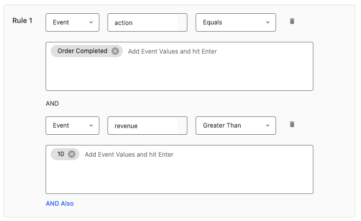 Event rule in StackAdapt that matches an Order Completed event with a revenue greater than 10.