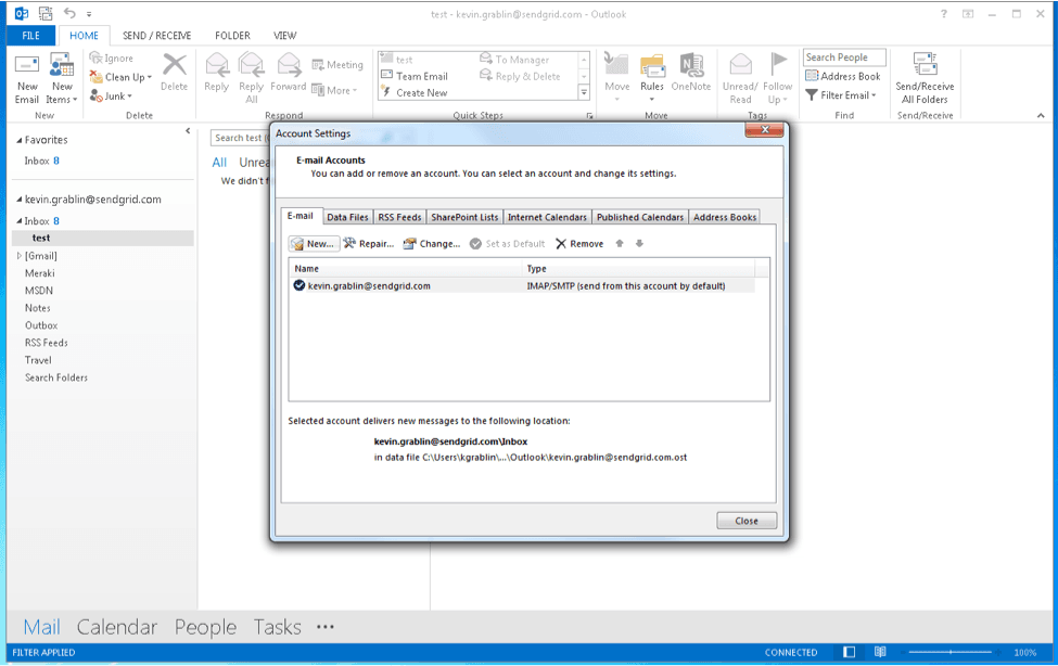 Outlook 2013 account settings showing POP and IMAP configuration for SendGrid.