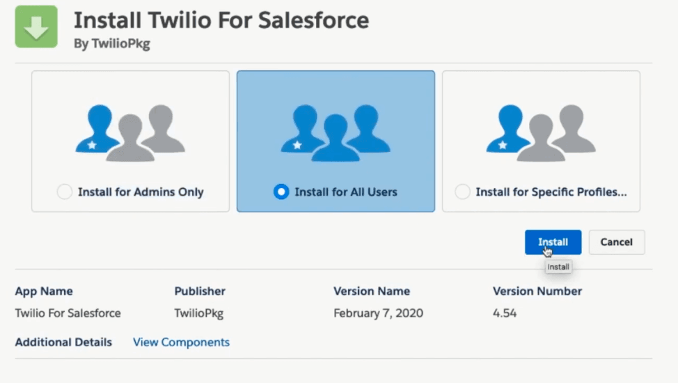 Twilio for Salesforce package details with Add Users button highlighted.