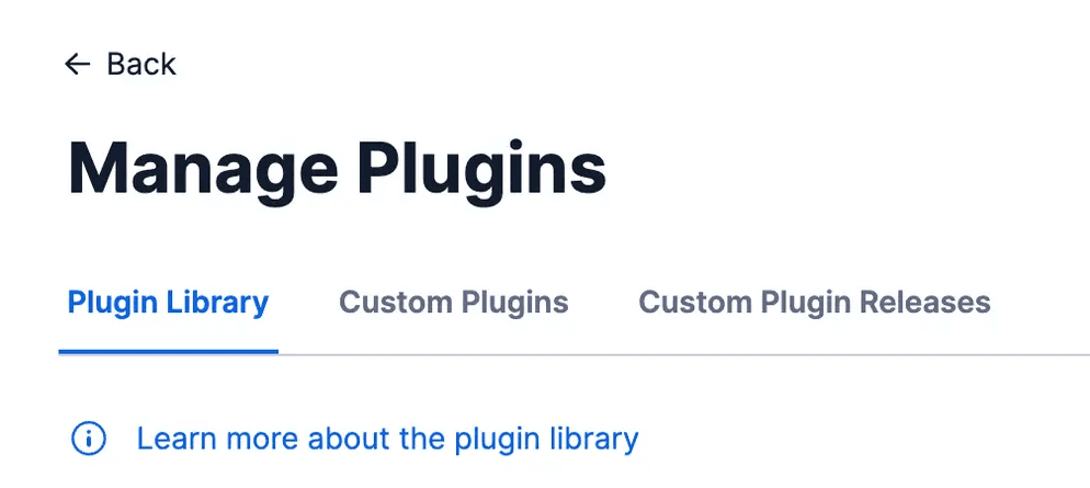 Tabs for Plugin Library, Custom Plugins, and Custom Plugin Releases under Manage Plugins.