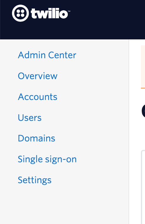 Twilio sidebar menu with options like Admin Center and Single sign-on.