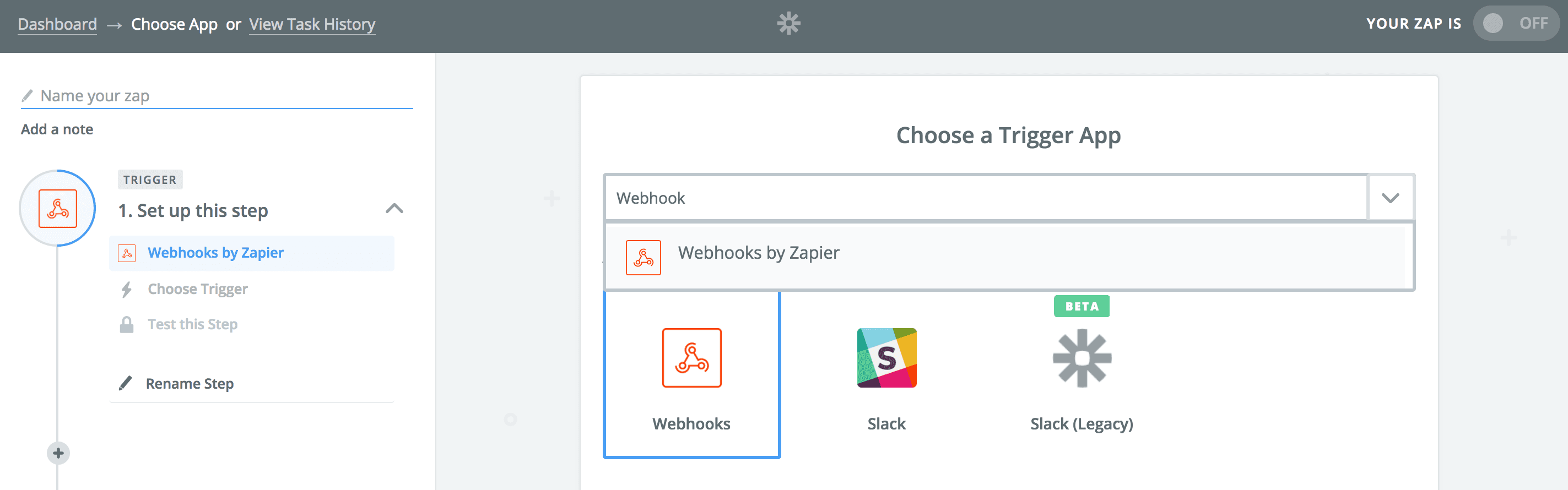 Zapier setup flow selecting Webhooks as a trigger app.
