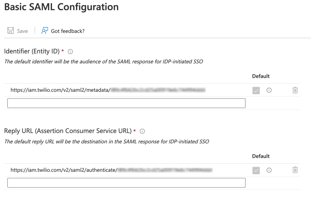 Basic SAML configuration with fields for Identifier and Reply URL, including default Twilio URLs.