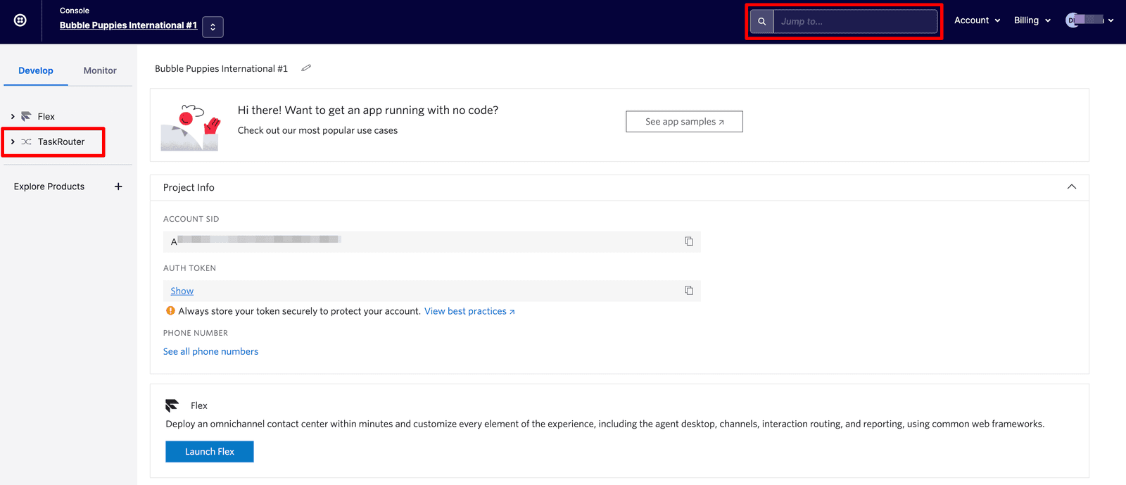 Twilio console showing TaskRouter navigation and project info with account SID and auth token.