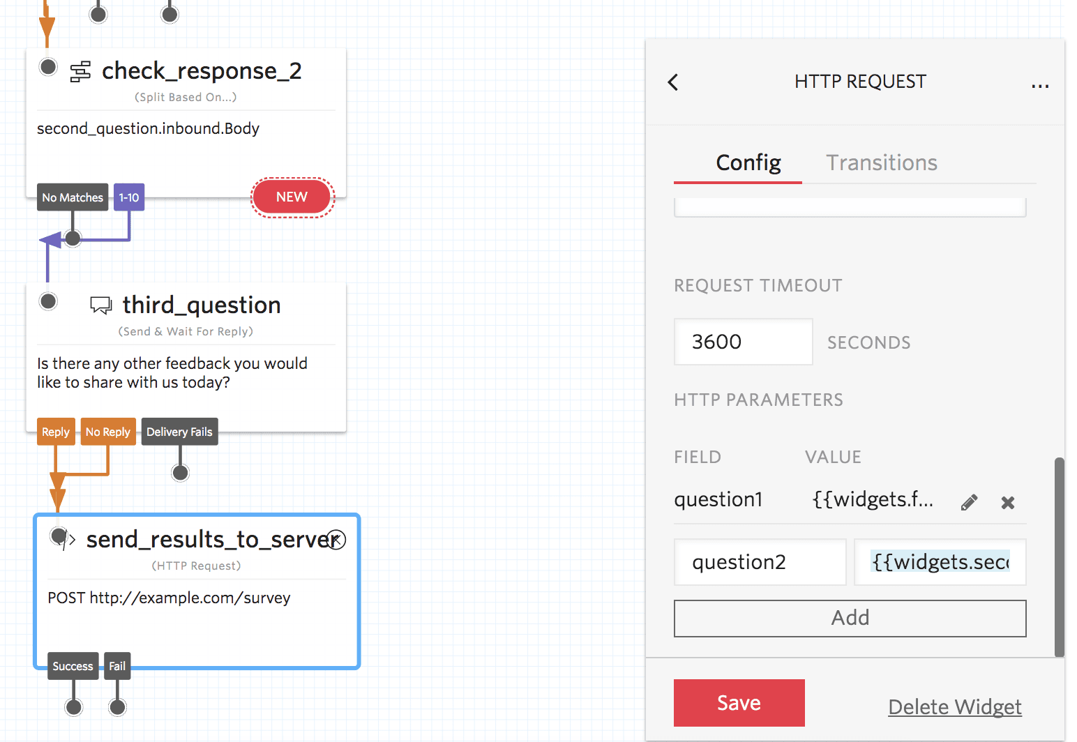 Twilio Studio flow with HTTP widget sending survey results to server.