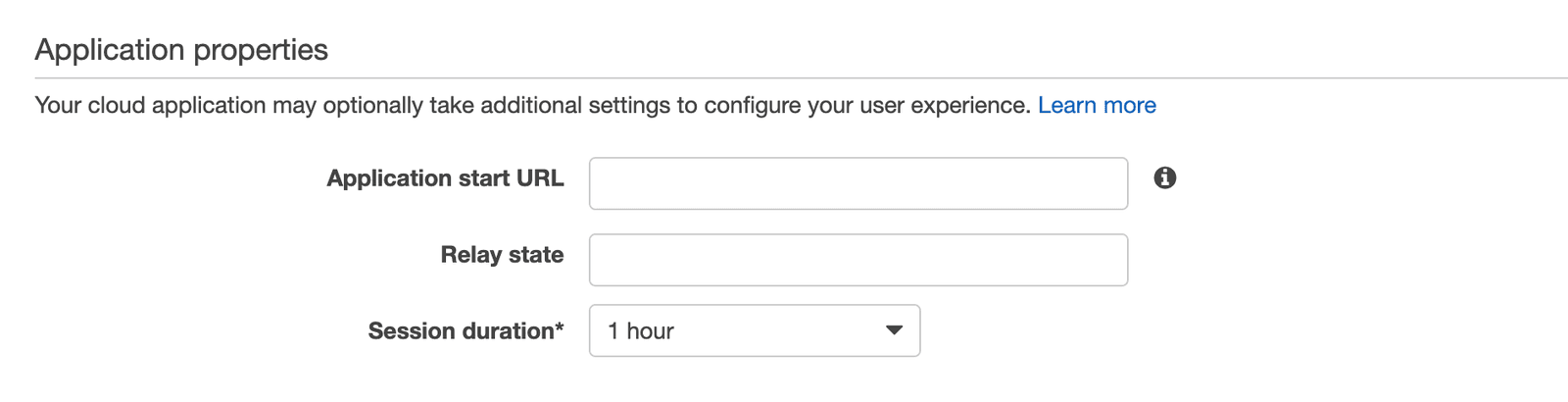 Fields for application start URL, relay state, and session duration with dropdown.