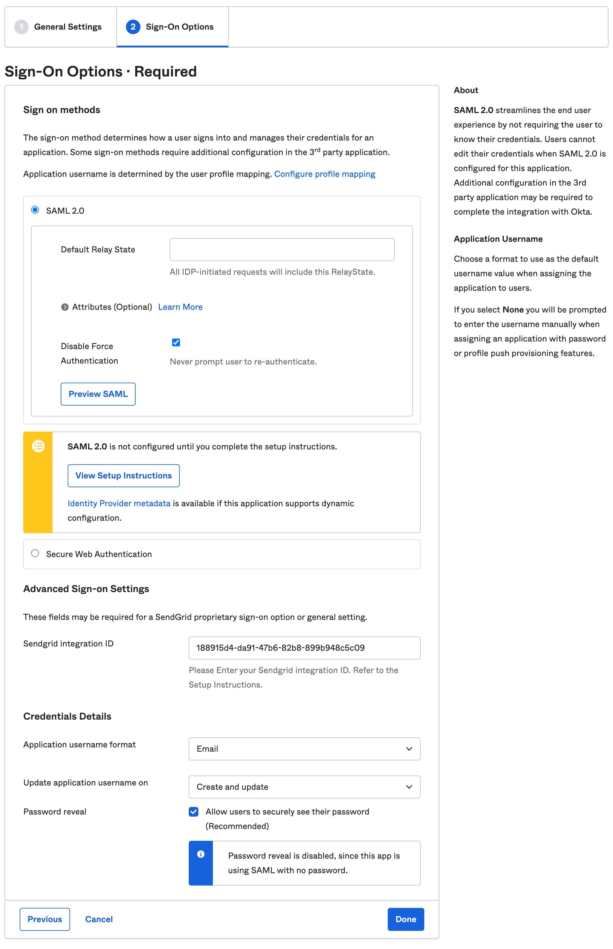 Okta SAML 2.0 configuration with sign-on options and SendGrid integration ID field.