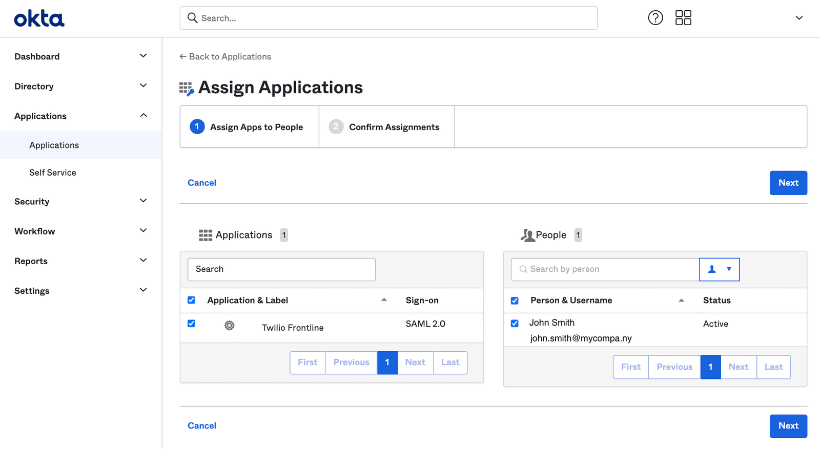 Okta interface for assigning Twilio Frontline app to John Smith using SAML 2.0.