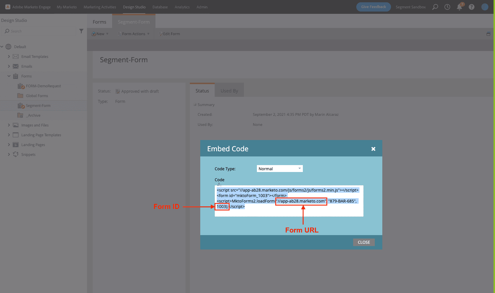 Embed Code popup in Marketo showing form ID and URL for Segment-Form.