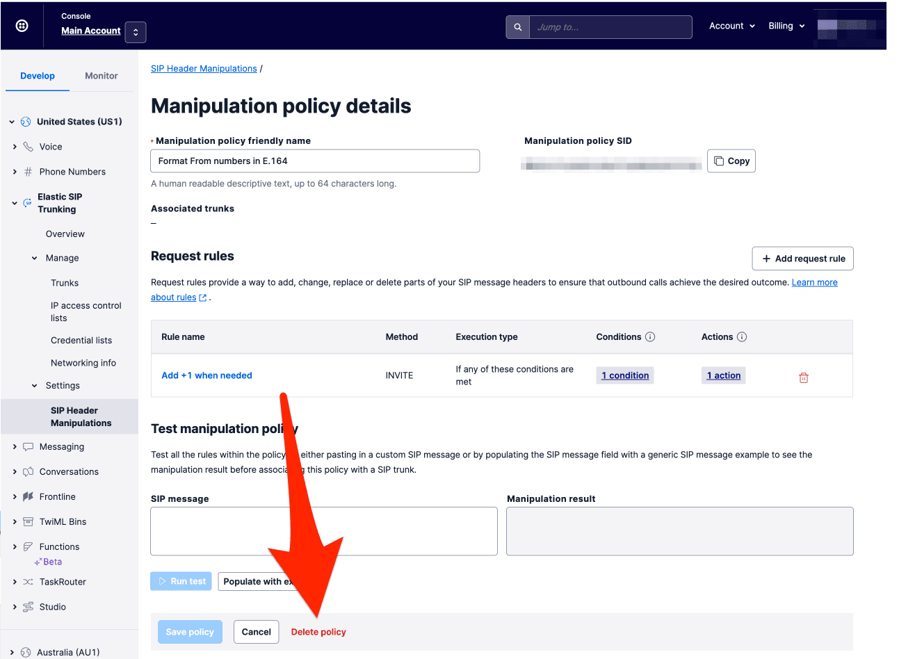 SIP trunking manipulation policy details with delete policy option highlighted.