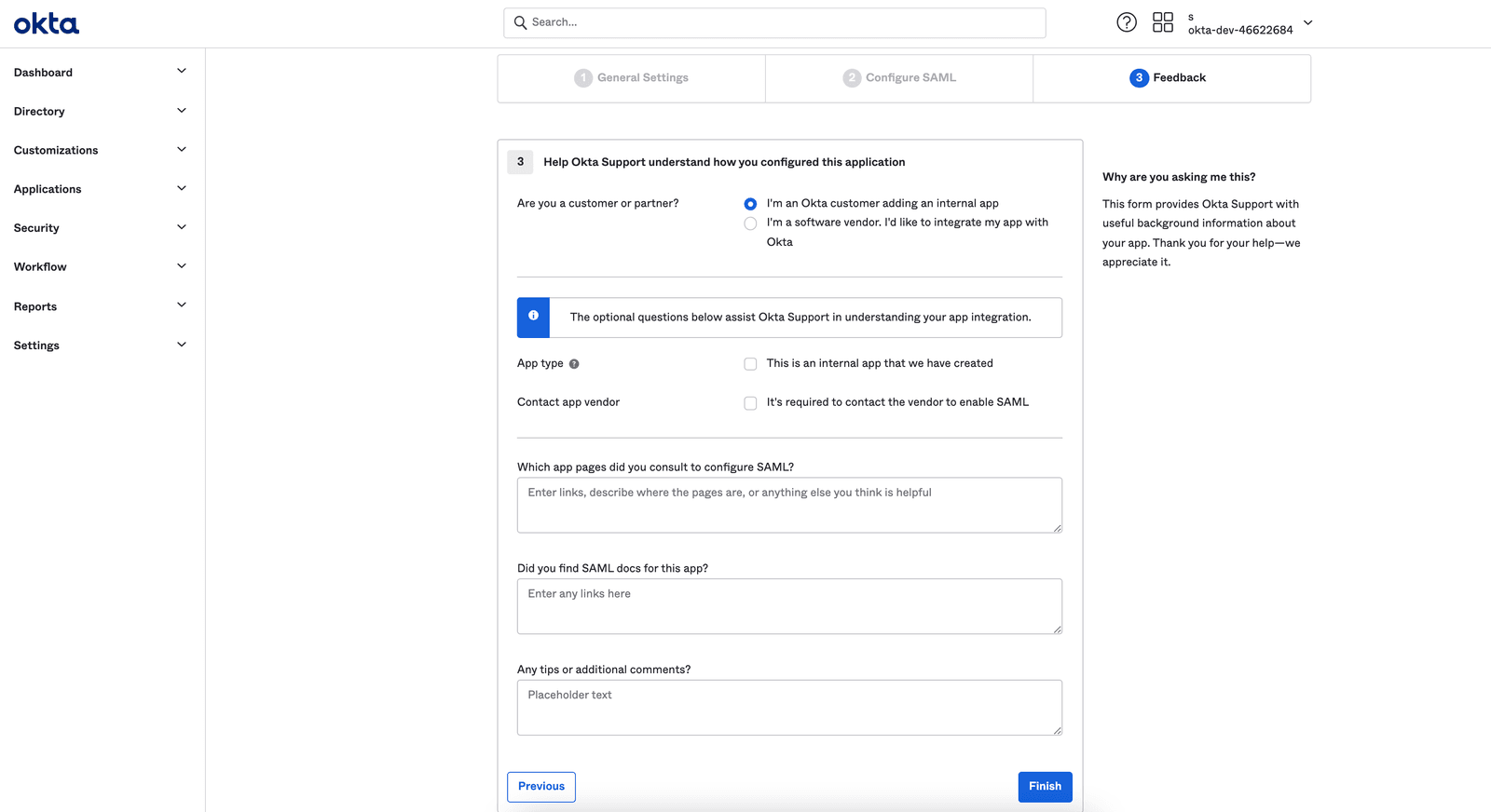Okta form for configuring SAML with options for customer type and app integration details.