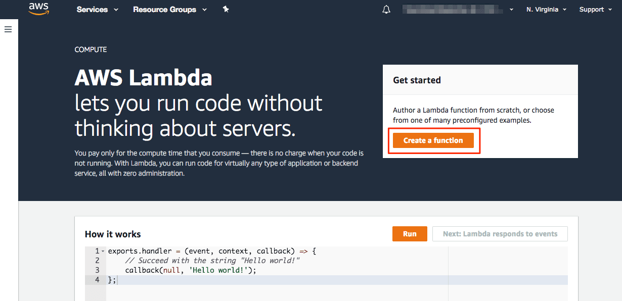 AWS Lambda page highlighting the 'Create a function' button with example code snippet.