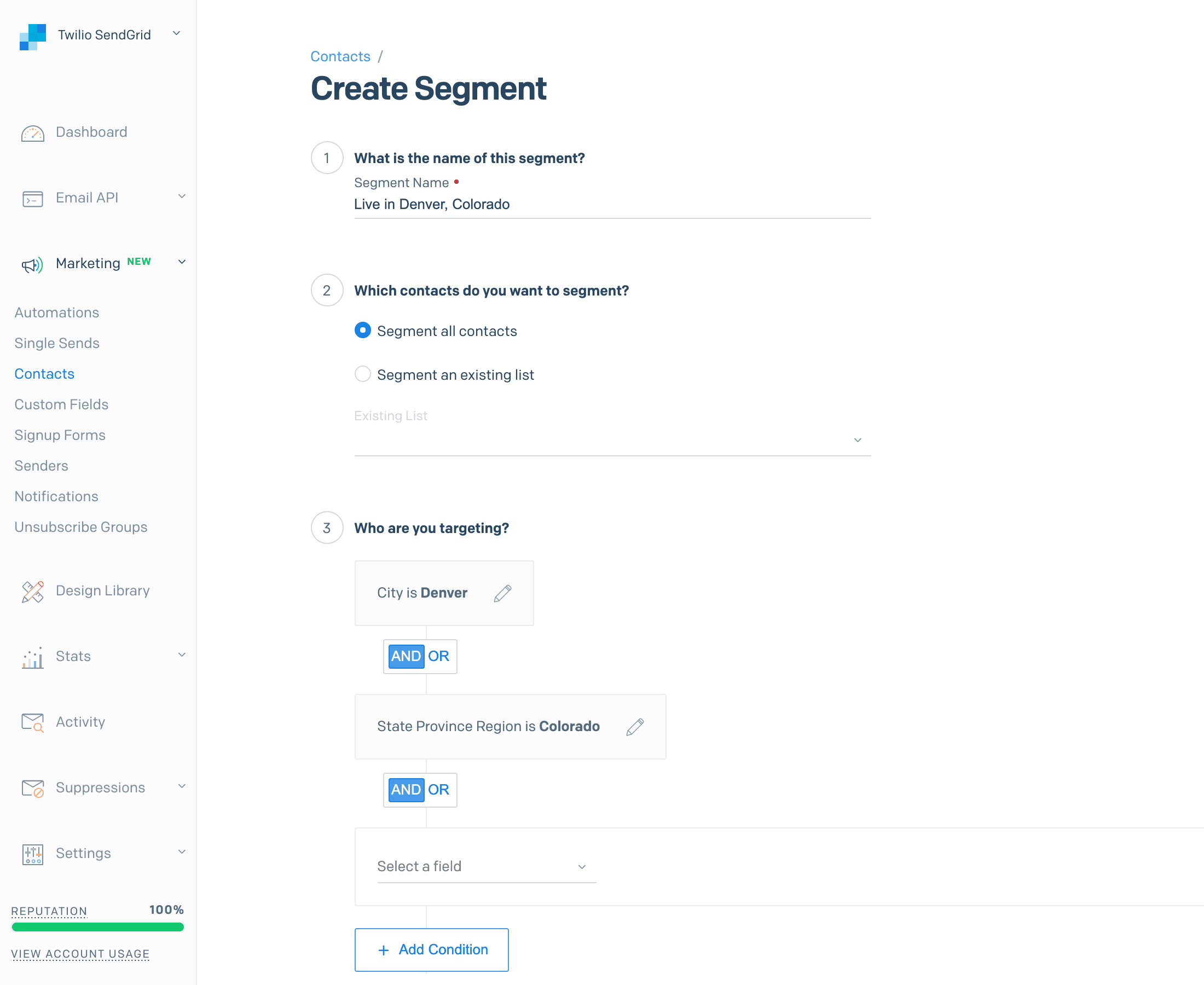 The segment builder inside Marketing Campaigns displaying a new segment on both City and State Province Region.