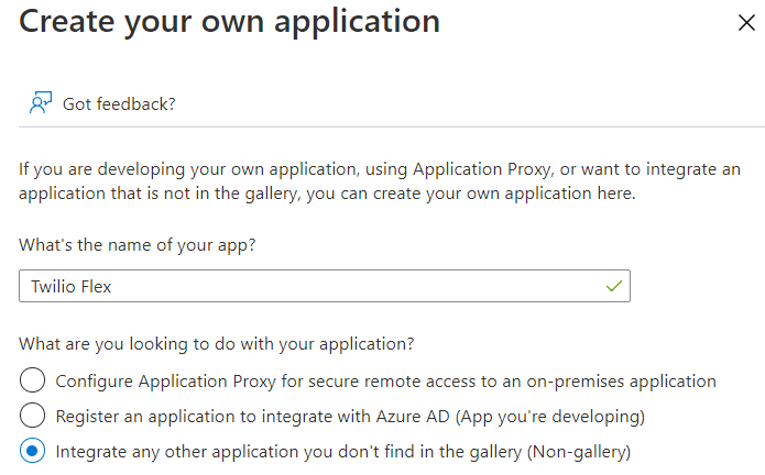 Create application form with Twilio Flex name and integration options.