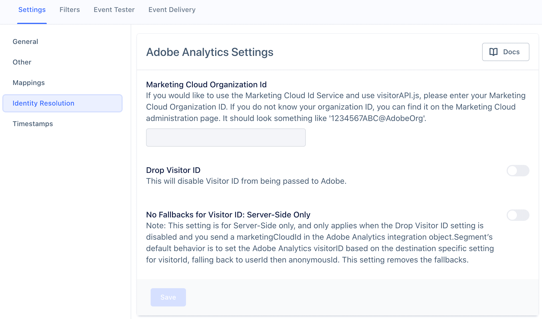 Adobe Analytics settings in Segment with the Timestamps section selected, showing options for Report Suites.
